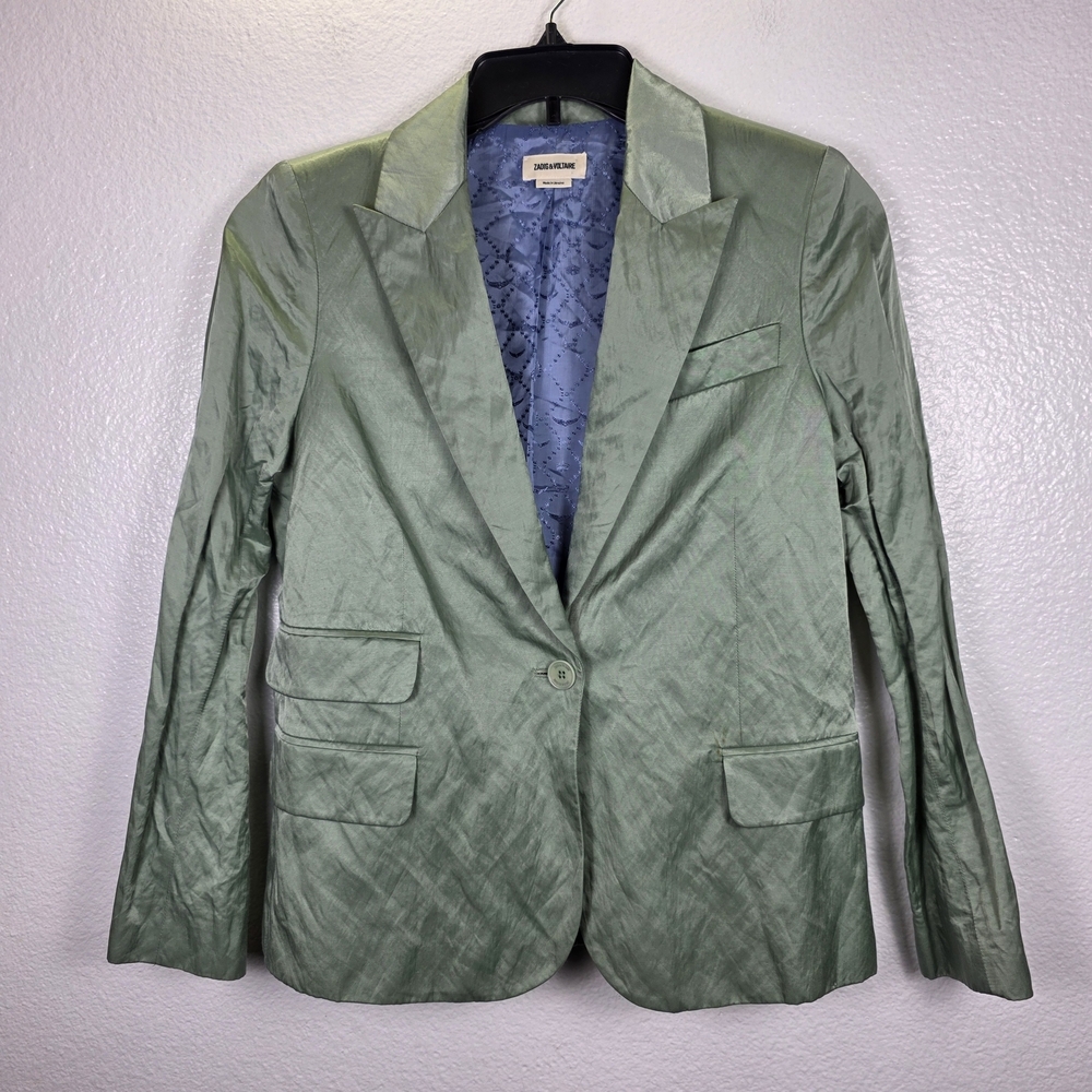 Zadig & Voltaire Women's Green Victor Satin Blazer Suit Jacket Size 38